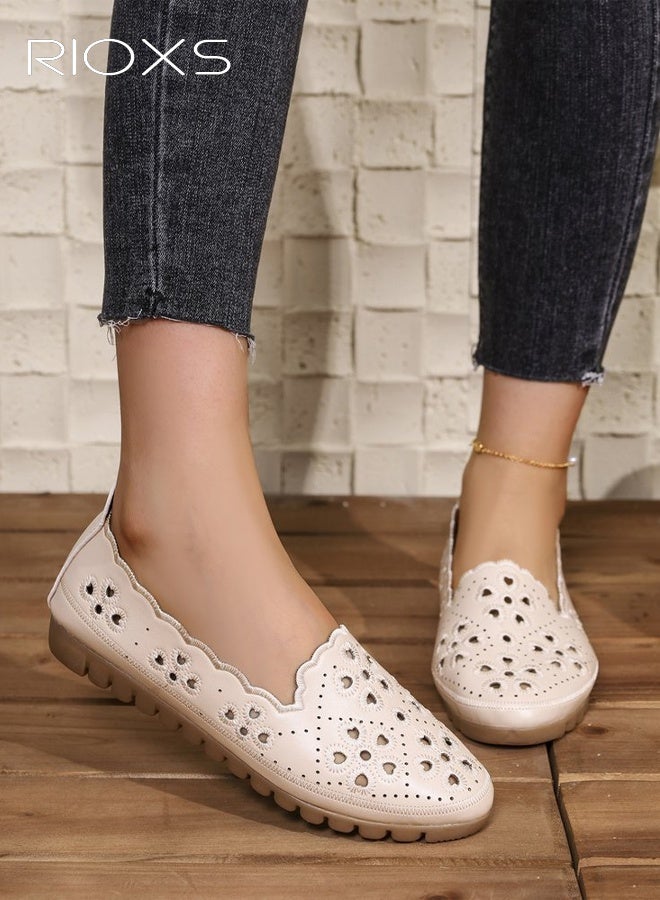 Women's Ballet Flats, Breathable Soft Round Toe Dress Shoes, Comfortable Dressy Flats with Flower Eyelets for Ladies, Fashionable Soild Color Slip On Flats, Casual Mary Jane for Work/ Travel/ Daily Wear- Beige