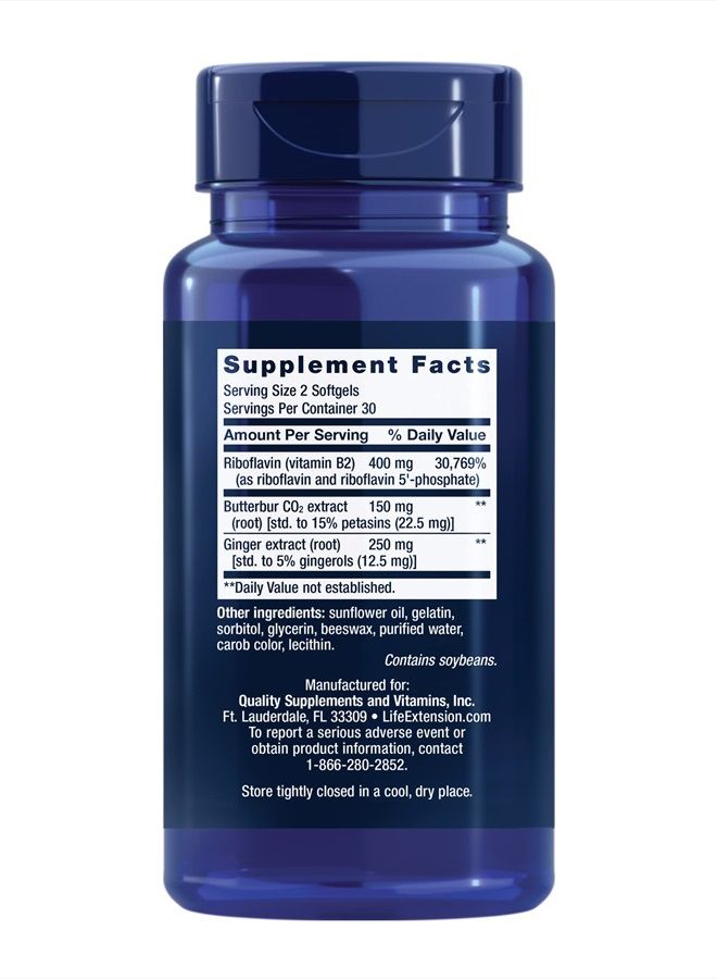 Life Extension Migra-Eeze - Butterbur Root Extract with Vitamin B2 (Riboflavin) & Ginger Supplement - Formula to Ease Head Discomfort - Gluten-Free — 60 Softgels - Image 2