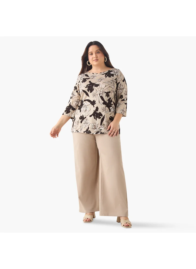 Ulla Popken Plus Size Ulla Popken Printed Top with Round Neck and 3/4 Sleeves
