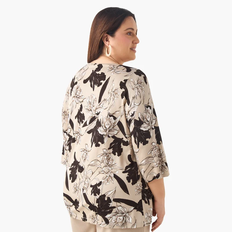 Ulla Popken Plus Size Ulla Popken Printed Top with Round Neck and 3/4 Sleeves