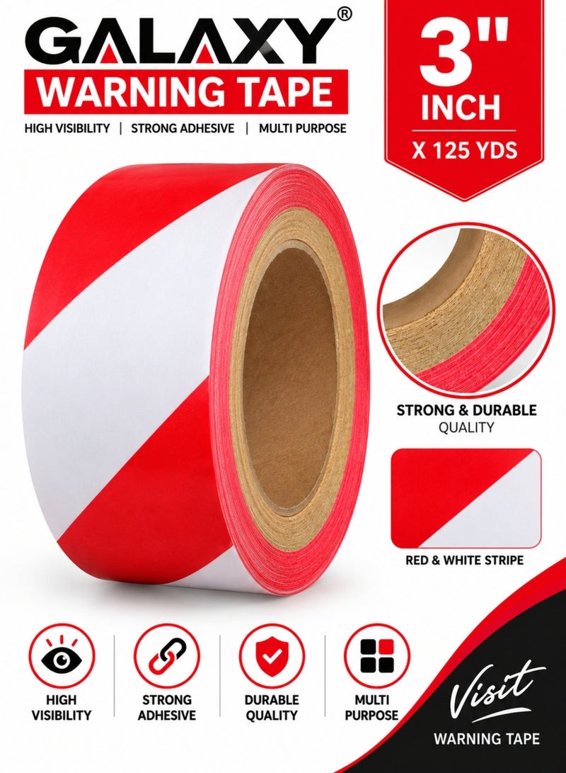 Galaxy Warning Tape 3 Inch x 125 Yards, Red & White Striped Adhesive Safety Tape, High Visibility Strong Adhesive Multi-Purpose Tape for Hazard Marking, Safety & Work Areas - Image 1