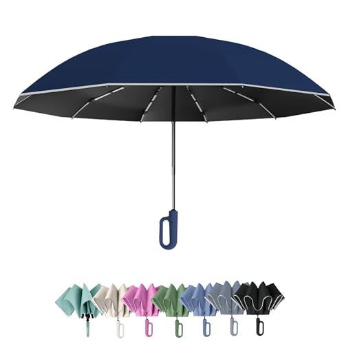 PRIME PICK Travel Guard Umbrella Compact Folding Umbrella Reflective Strip Carabiner Handle Windproof UV Protection Lightweight Anti Slip Grip for Men Women Kids Blue - Image 1