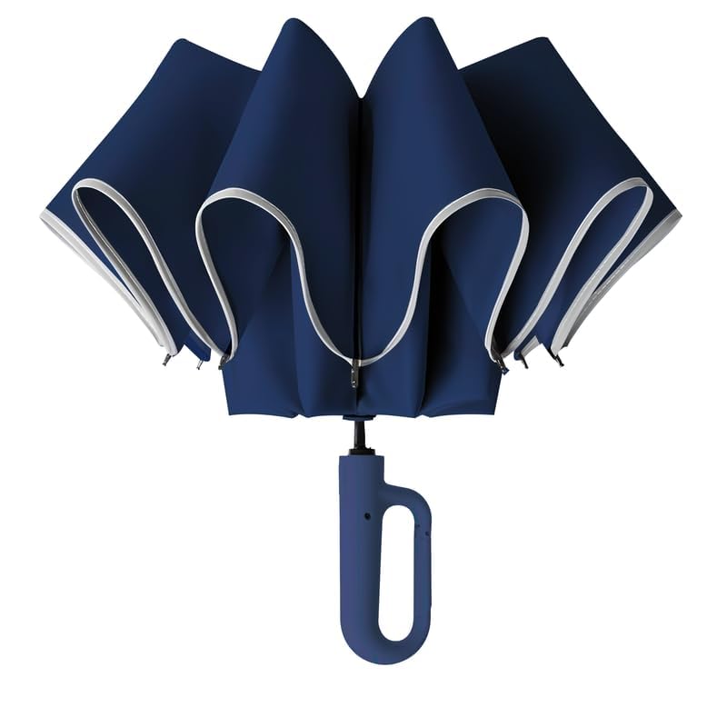 PRIME PICK Travel Guard Umbrella Compact Folding Umbrella Reflective Strip Carabiner Handle Windproof UV Protection Lightweight Anti Slip Grip for Men Women Kids Blue - Image 2