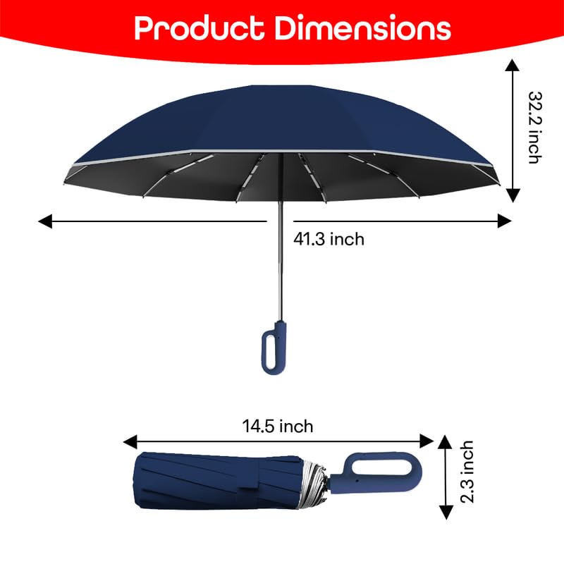 PRIME PICK Travel Guard Umbrella Compact Folding Umbrella Reflective Strip Carabiner Handle Windproof UV Protection Lightweight Anti Slip Grip for Men Women Kids Blue - Image 3