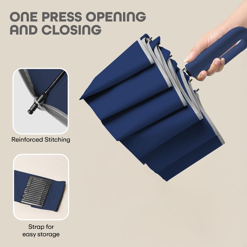 PRIME PICK Travel Guard Umbrella Compact Folding Umbrella Reflective Strip Carabiner Handle Windproof UV Protection Lightweight Anti Slip Grip for Men Women Kids Blue - Image 4