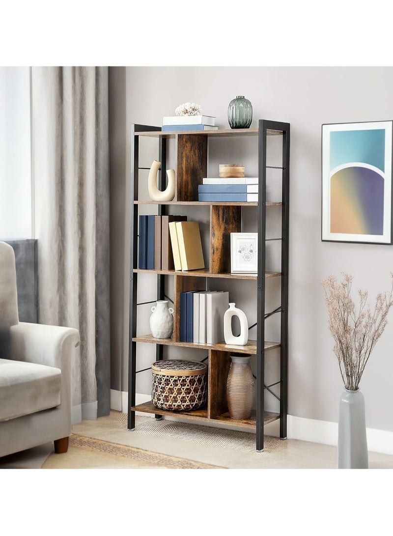 AGD Freestanding Bookshelf, 4-Tier Large Storage Shelf for Living Room and Study Office, Solid Wood Panels and Stable Steel Frame, Rustic Brown - Image 1
