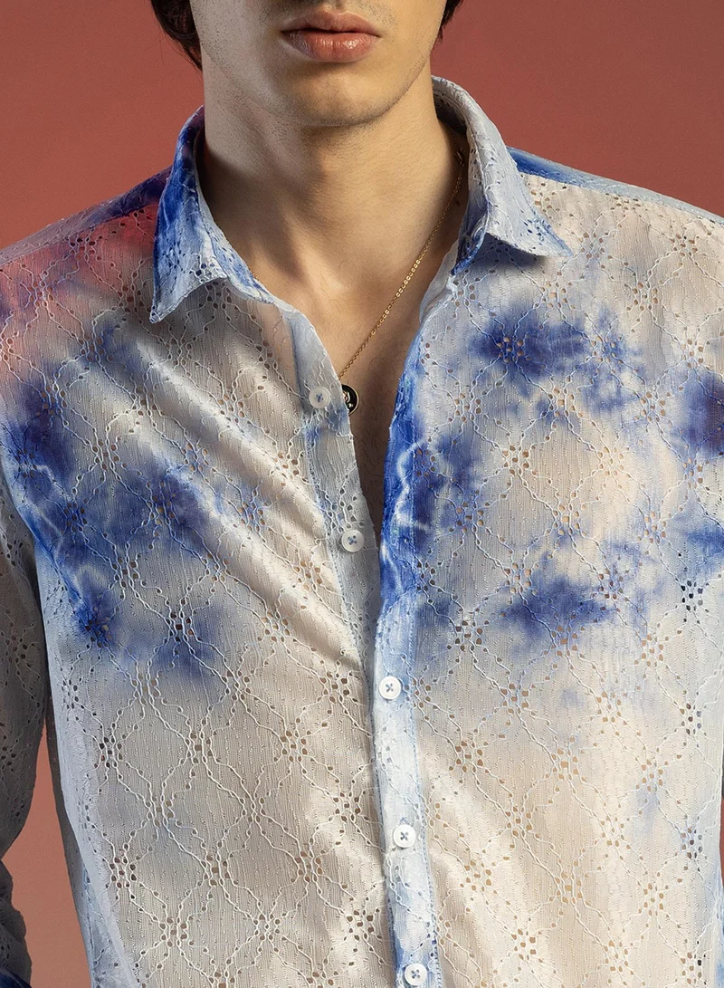 كامبوس سوترا Men's Royal Blue & Cream White Tie-Dye Textured Shirt