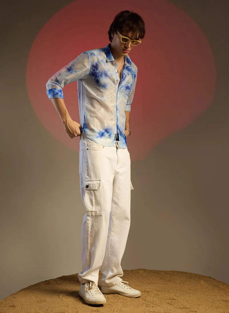 كامبوس سوترا Men's Royal Blue & Cream White Tie-Dye Textured Shirt
