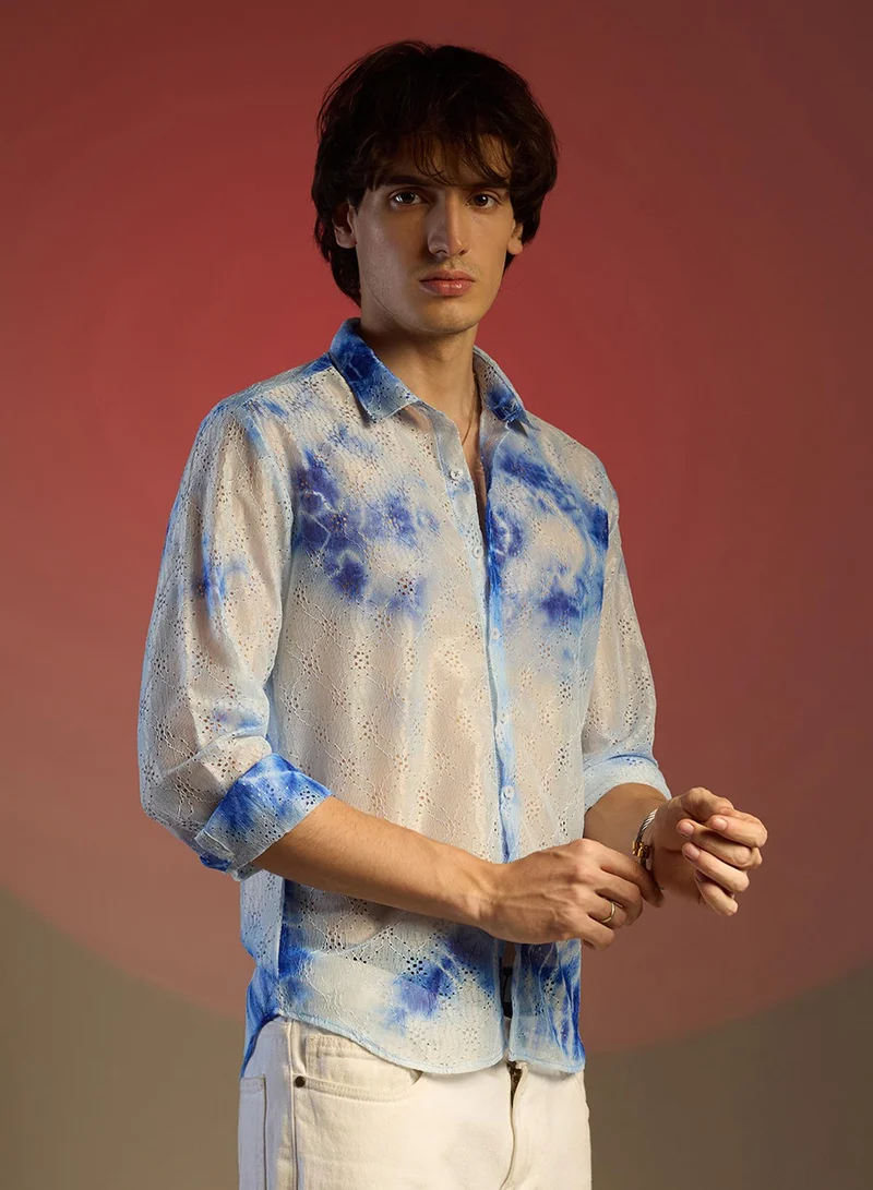 كامبوس سوترا Men's Royal Blue & Cream White Tie-Dye Textured Shirt