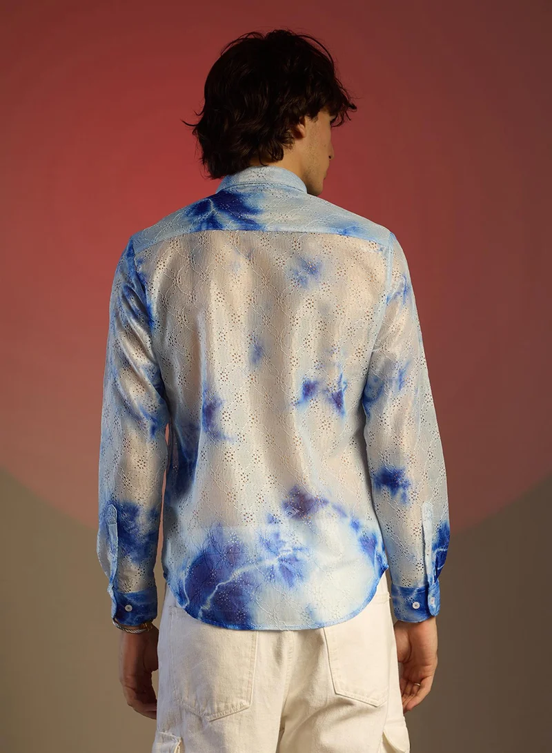 كامبوس سوترا Men's Royal Blue & Cream White Tie-Dye Textured Shirt
