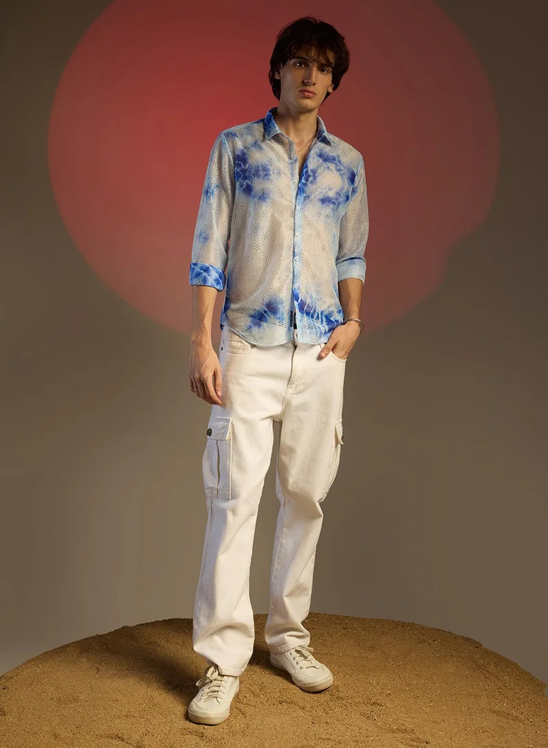 كامبوس سوترا Men's Royal Blue & Cream White Tie-Dye Textured Shirt