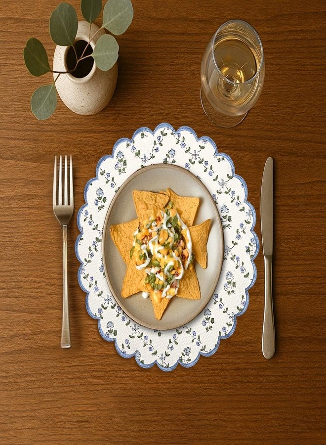 Ridhi Powder Blue Bo-ho Round Place Mat Double Layer Floral Cotton Washable Placemats 15" Round Embroidery Block Print Table Mat Pack of 4-15 Inch Round - Image 2