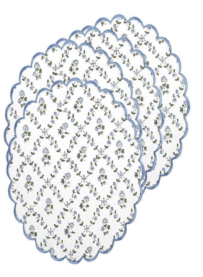 Ridhi Powder Blue Bo-ho Round Place Mat Double Layer Floral Cotton Washable Placemats 15" Round Embroidery Block Print Table Mat Pack of 4-15 Inch Round - Image 1