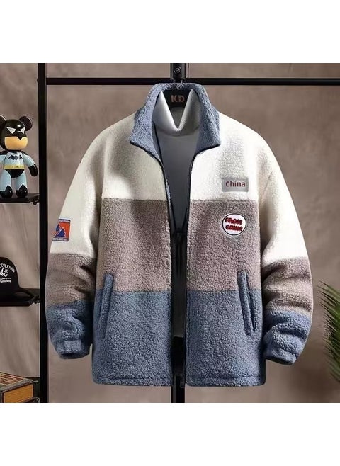Winter Mens Sherpa Jacket Casual Korean Style Thickened Fleece Coat Blue