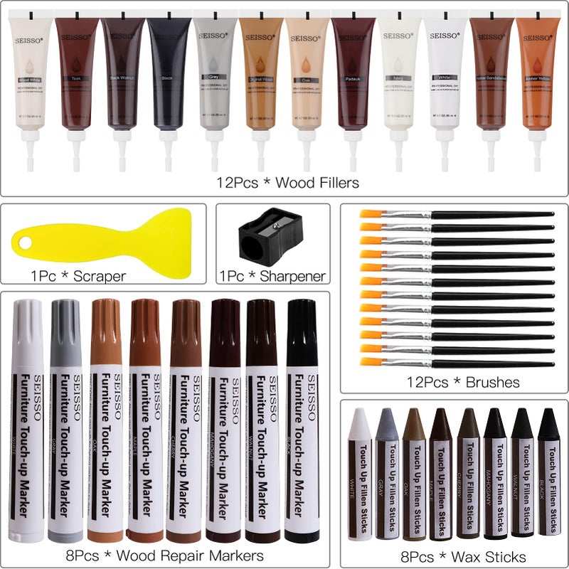 SEISSO Wood Furniture Repair Kit, 42 Pcs Wood Filler and Touch Up Markers with Wax Sticks, Vinyl Floor Repair Kit for Scratches, Cracks, Holes, Discoloration for Door, Stain, Floor, Table, Cabinet - Image 3