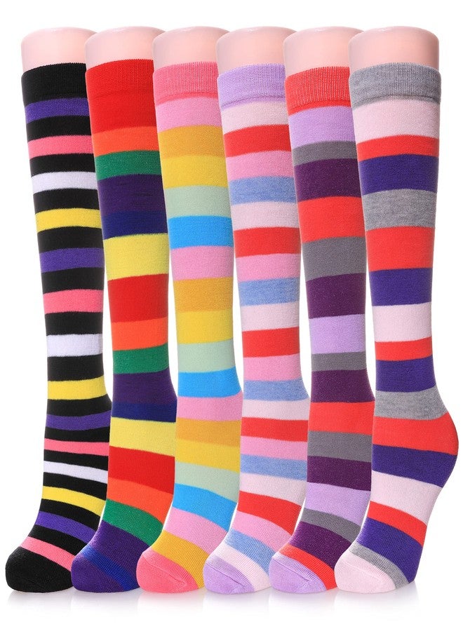 LINEMIN 3-12 Years Girls Knee High Socks Kids Cartoon Animal Warm Cotton Long Tall Boot Socks 6 Pairs (Classic Color Stripe) - Image 1