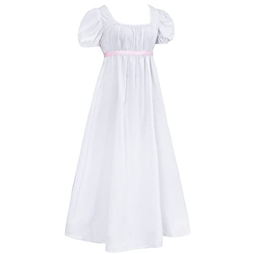 HEQU Regency Dresses for Women with Satin Sash Ruffle Empire Waist Dress Gown (S, White) - Image 2