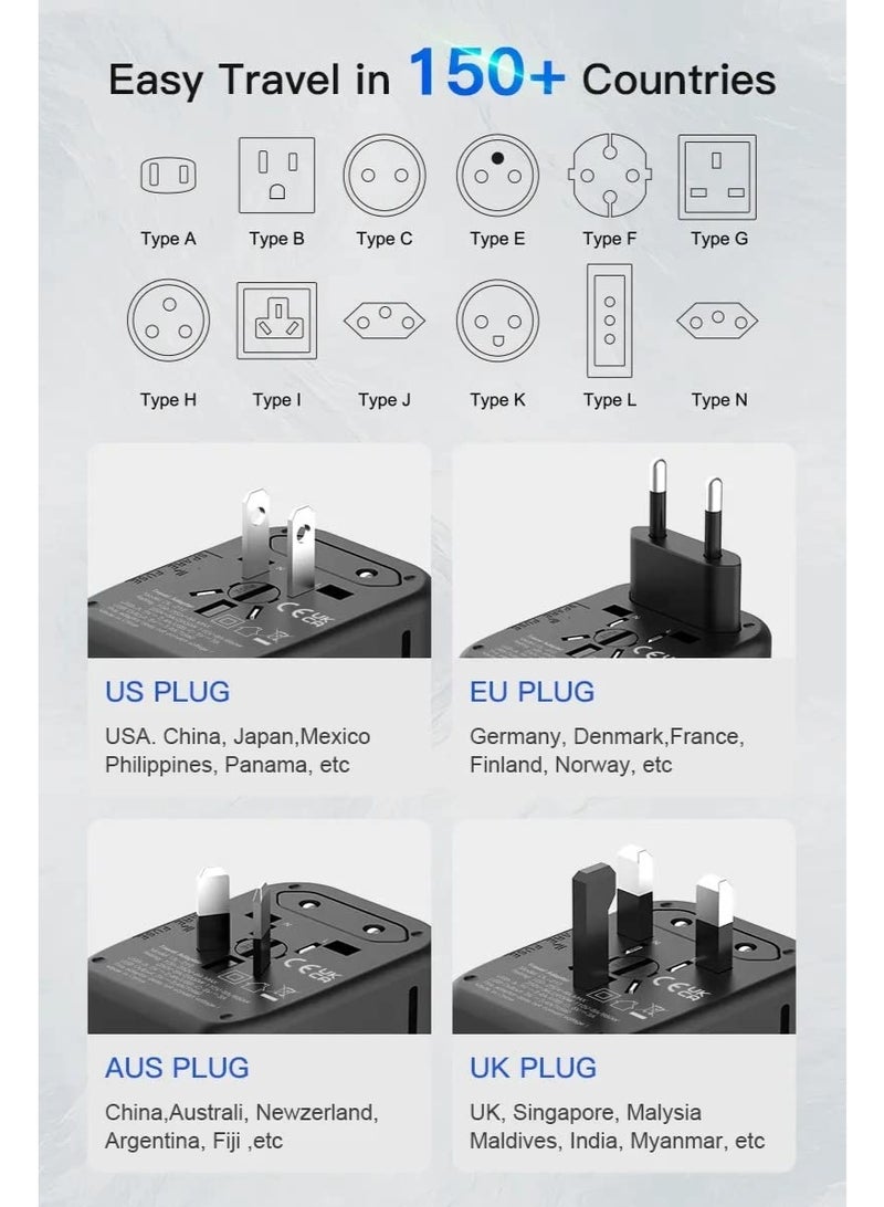 Universal International Power Travel Plug Adapter, 5 in 1 European Travel Plug Adapter W/ 3.5A 2xUSB-A and 2xUSB C Wall Charger and Worldwide AC Outlet for Europe USA UK AUS Asia Black - Image 5