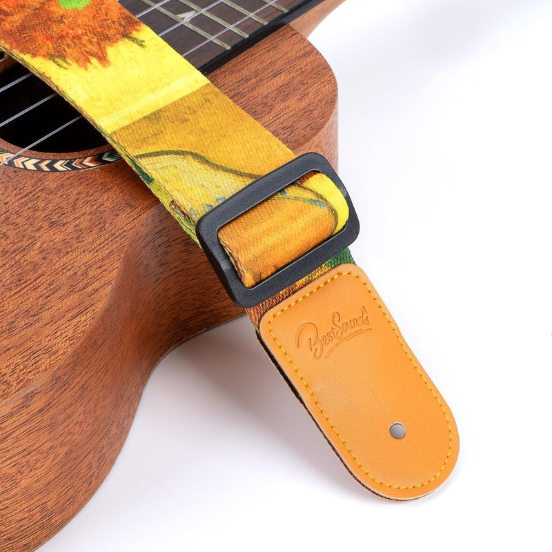 BestSounds Ukulele Strap - Uke Shoulder Straps with Leather Ends for Soprano Concert Tenor and Baritone Ukuleles (Van Gogh Sunflower) - Image 2