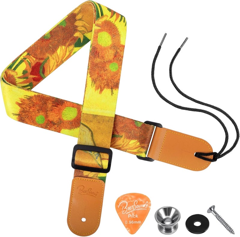 BestSounds Ukulele Strap - Uke Shoulder Straps with Leather Ends for Soprano Concert Tenor and Baritone Ukuleles (Van Gogh Sunflower) - Image 1