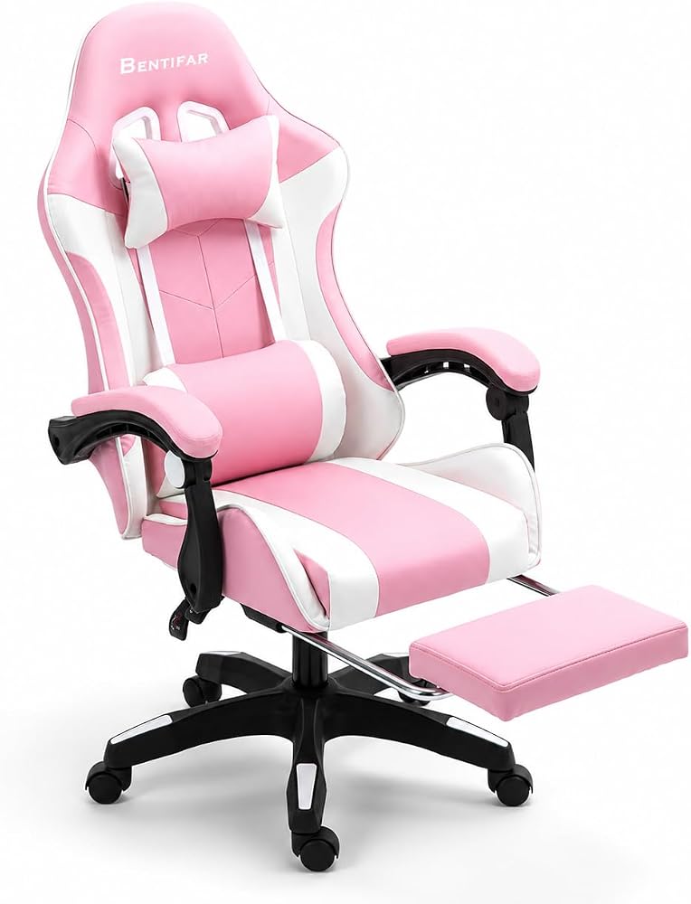 Bentifar Gaming Chair with Footrest, Lumbar Support and Headrest, Reclining up to 135°, Pink and White - Image 1