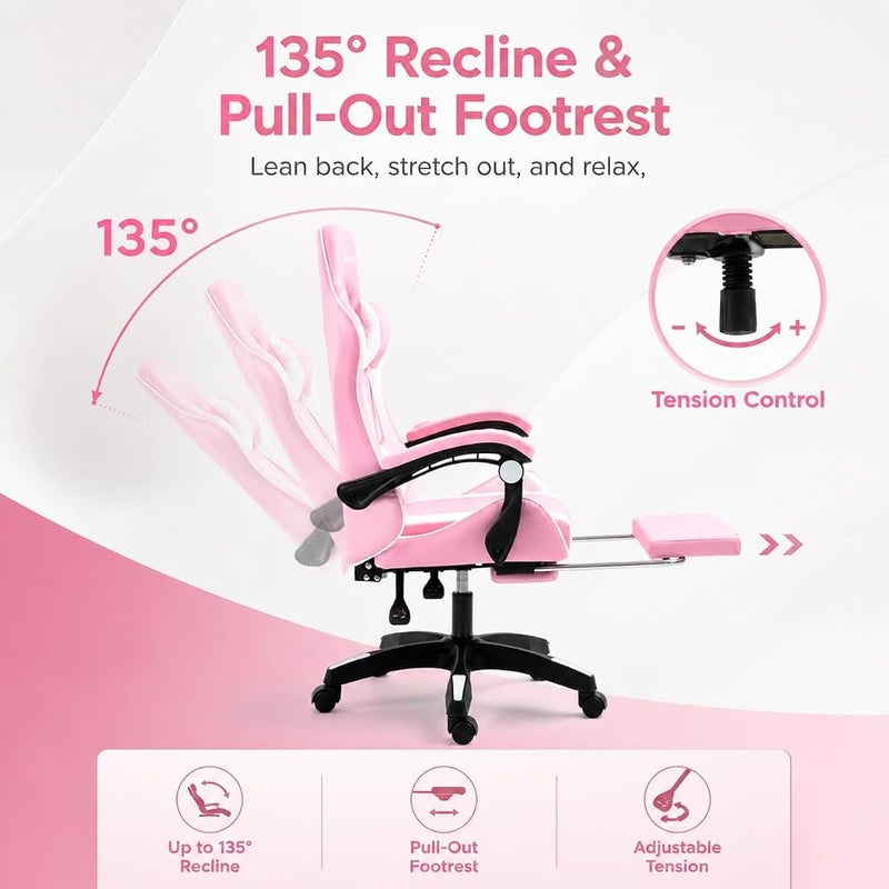 Bentifar Gaming Chair with Footrest, Lumbar Support and Headrest, Reclining up to 135°, Pink and White - Image 4