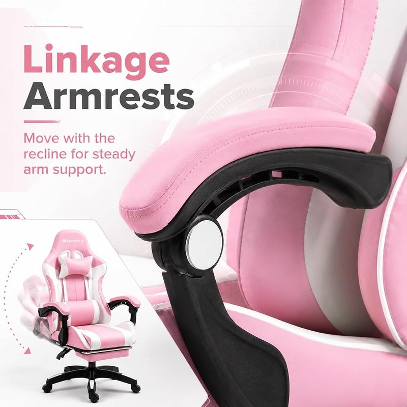 Bentifar Gaming Chair with Footrest, Lumbar Support and Headrest, Reclining up to 135°, Pink and White - Image 5