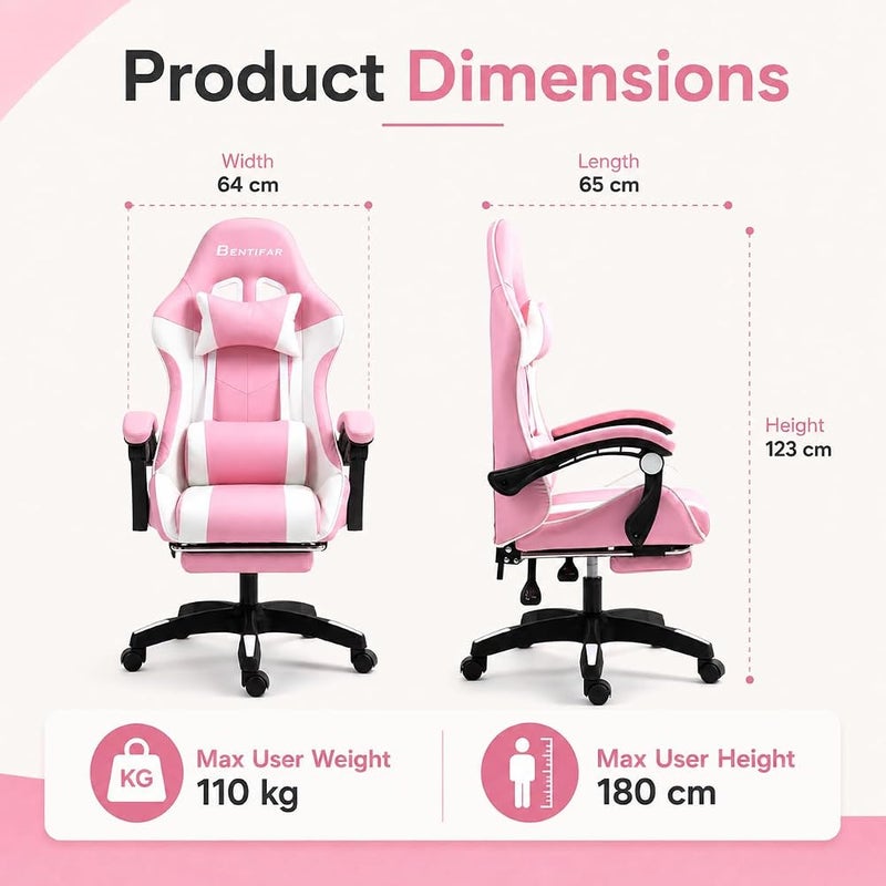 Bentifar Gaming Chair with Footrest, Lumbar Support and Headrest, Reclining up to 135°, Pink and White - Image 2