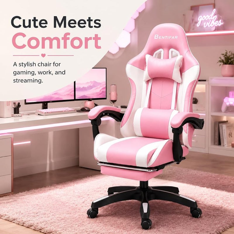 Bentifar Gaming Chair with Footrest, Lumbar Support and Headrest, Reclining up to 135°, Pink and White - Image 3