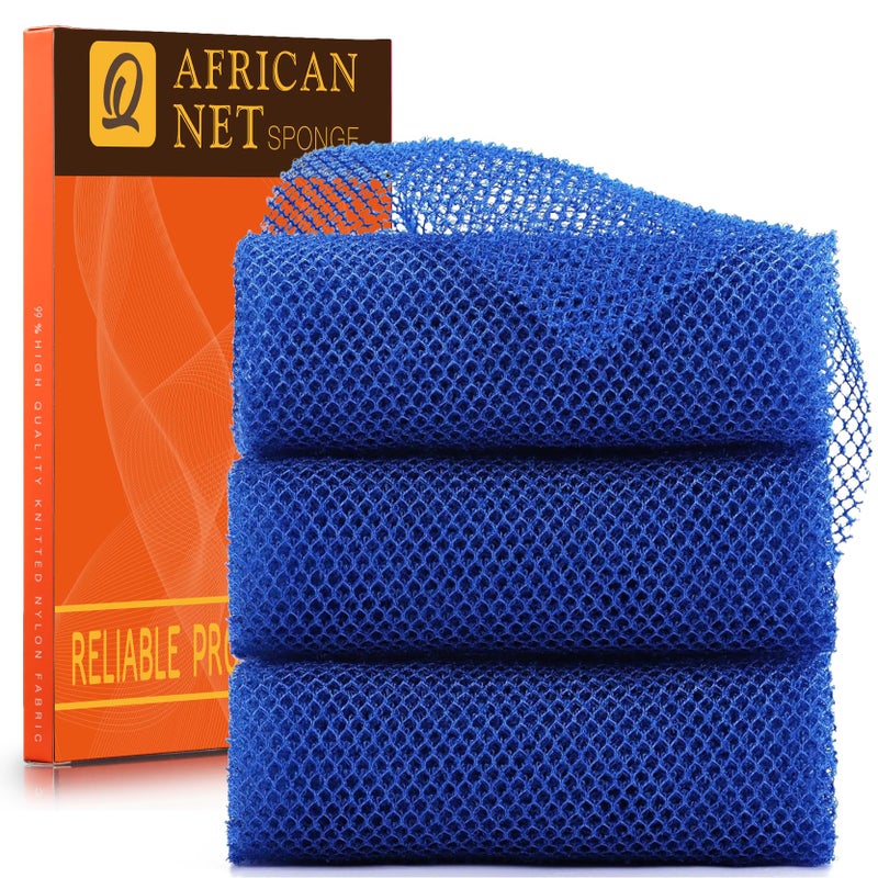 UJFQBH 3 Pieces African Bath Sponge African Net Long Net Bath Sponge Exfoliating Shower Body Scrubber Back Scrubber Skin Smoother,Great for Daily Use (Blue) - Image 1