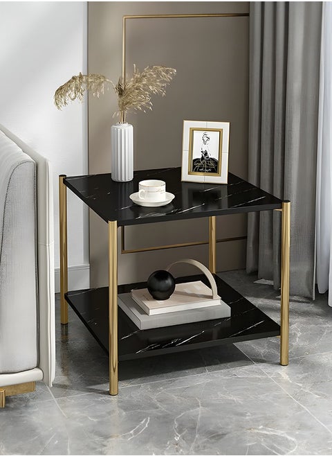 Square Coffee Table Small 2 Tier End Table with Open Storage Shelf Black Wooden Table Top Gold Metal Frame Side Table