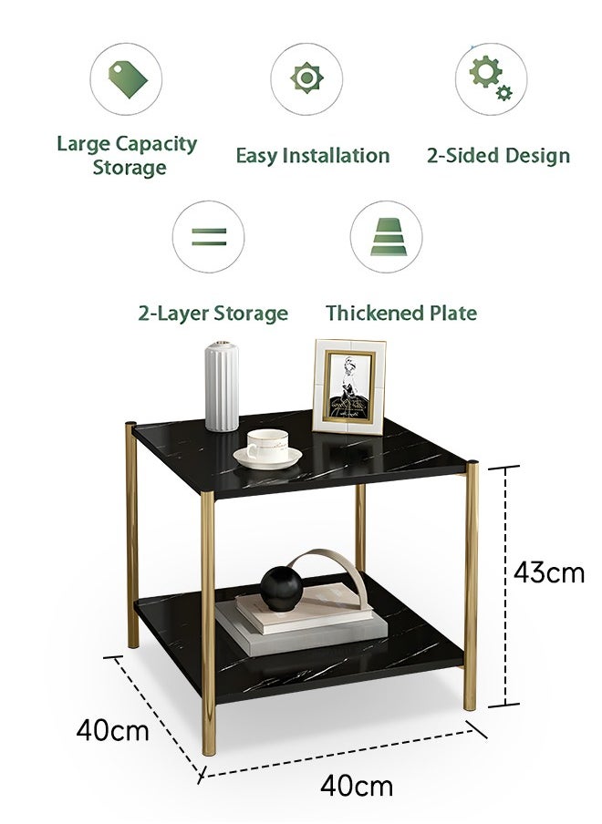 Occuwzz - Square Coffee Table Small 2 Tier End Table with Open Storage Shelf Black Wooden Table Top Gold Metal Frame Side Table - Image 1