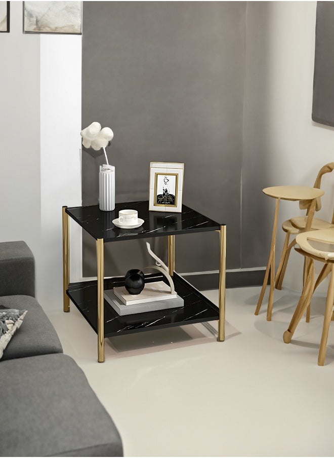 Occuwzz - Square Coffee Table Small 2 Tier End Table with Open Storage Shelf Black Wooden Table Top Gold Metal Frame Side Table - Image 1