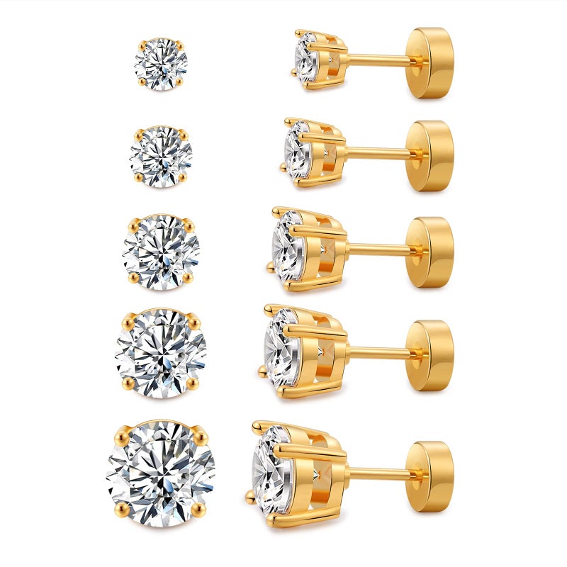 Kainier 5 Pairs CZ Stud Earrings Flat Back Earrings Simulated Diamond Round Surgical Steel Cubic Zirconia Hypoallergenic Flat Back Ear Stud Set - Image 1