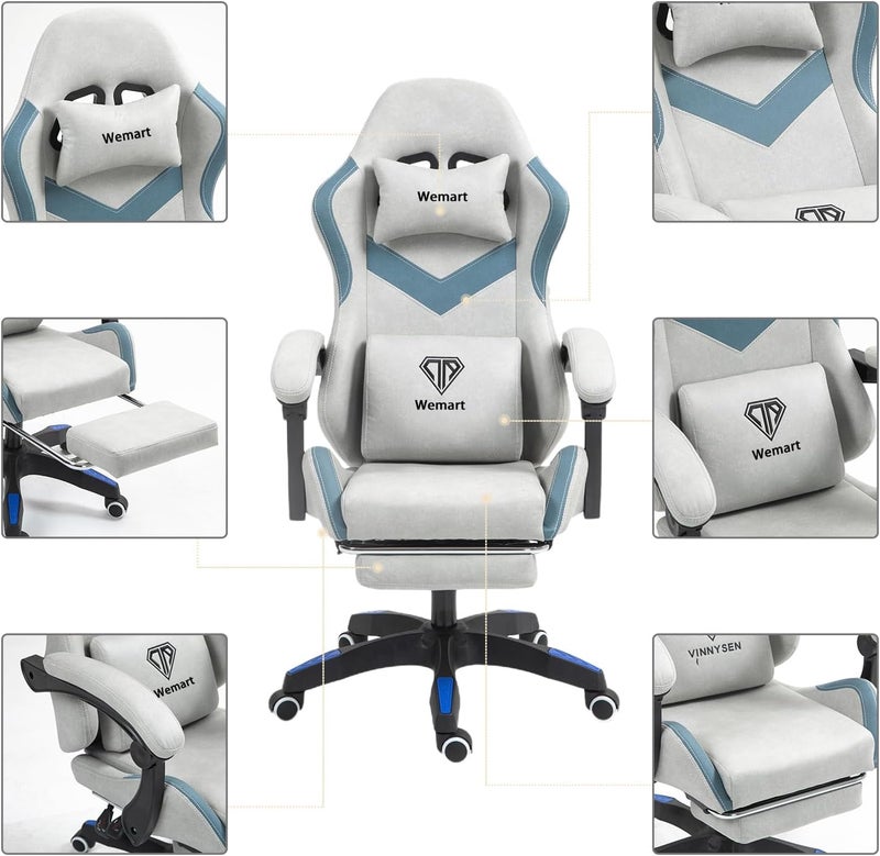 WEMART Gaming Chair Computer Chair, Breathing Fabric Game Chair With Head Pillow And Waist Pillow, Ergonomic Computer Chair With Footrest, Bearing 300 Kg (Gray) - Image 4