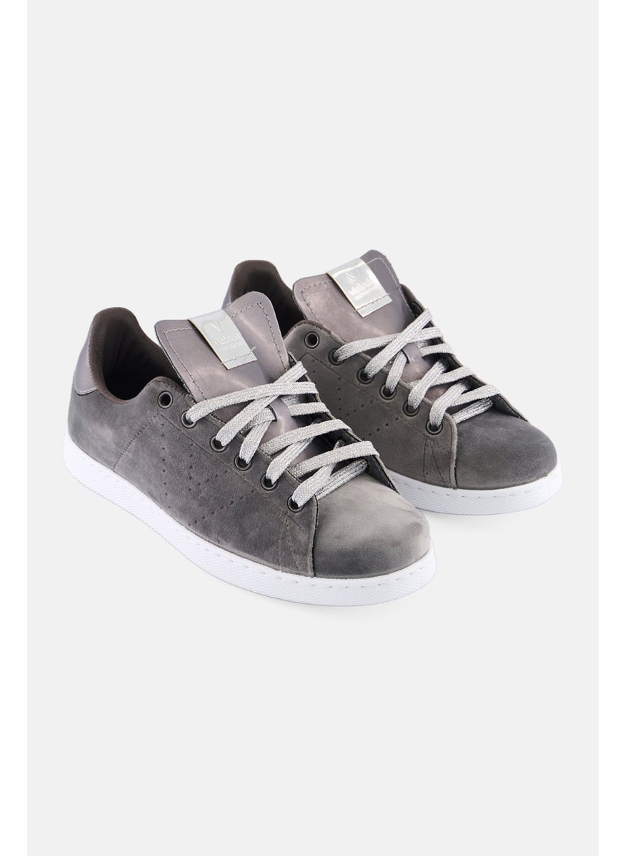 Victoria - Women Suede Lace Up Tennis Shoes, Grey - Image 1