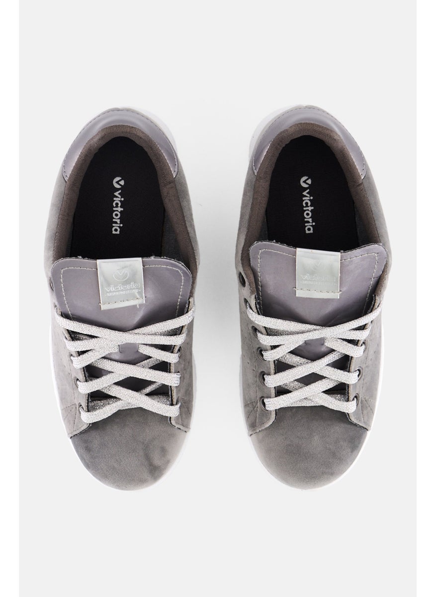 Victoria - Women Suede Lace Up Tennis Shoes, Grey - Image 1