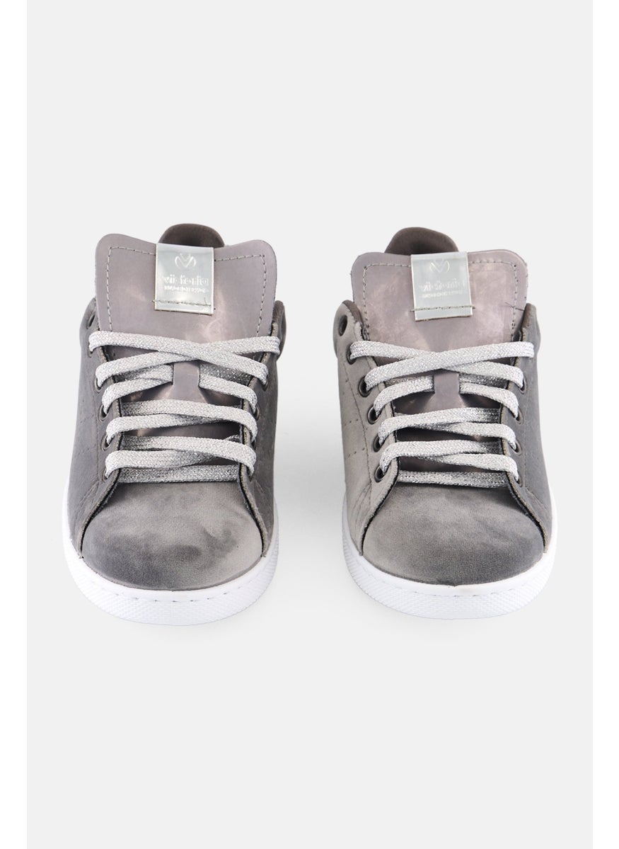 Victoria - Women Suede Lace Up Tennis Shoes, Grey - Image 1