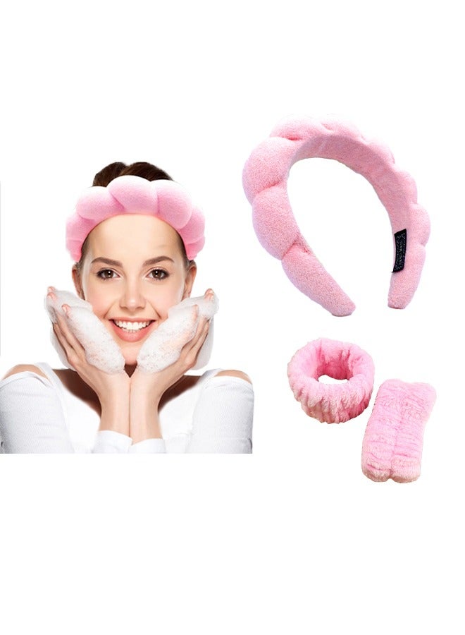 3Pcs Headband for Washing Face Makeup Headband and Wristband Set Non Slip Headband Washing Face Cloth Face Wash Headband for Women Girl Sponge Puffy Bubble Skincare Headband For Washing Face swimming - Image 1