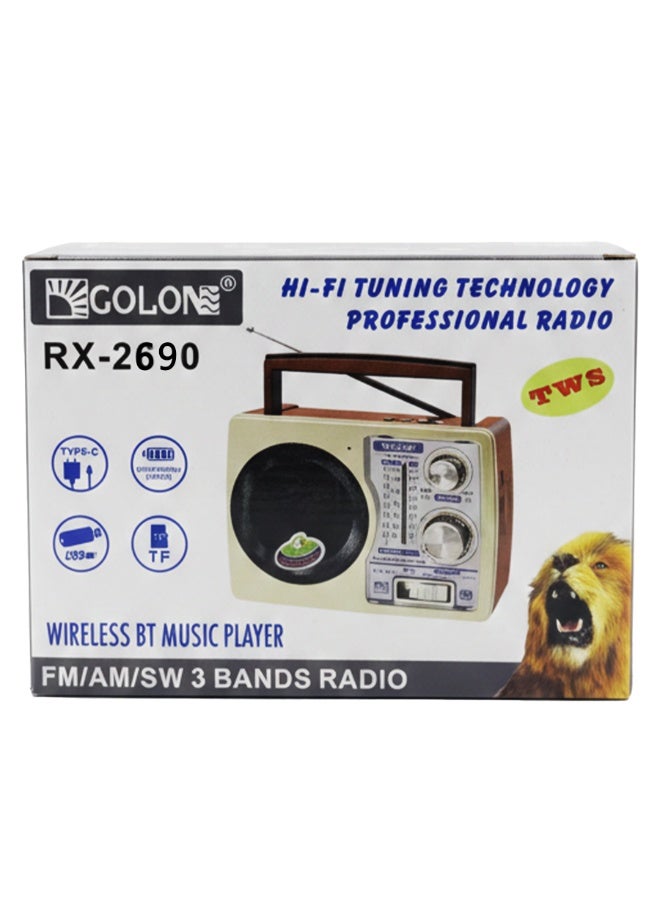 Golone RX-2690 Classic Portable Radio , Multi Band FM/AM/SW3, Disco LED Lights, Rechargeable Battery, Built in Speaker, MP3/USB/TF Support, Perfect for Home, Camping, and Travel - Multicolour - Image 4