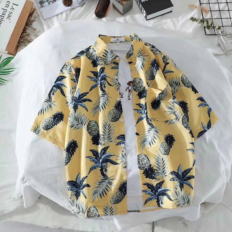 South Korea vintage leaves pineapple floral couple's short-sleeved shirt summer versatile men's and women's same Beach seaside shirt - Image 5