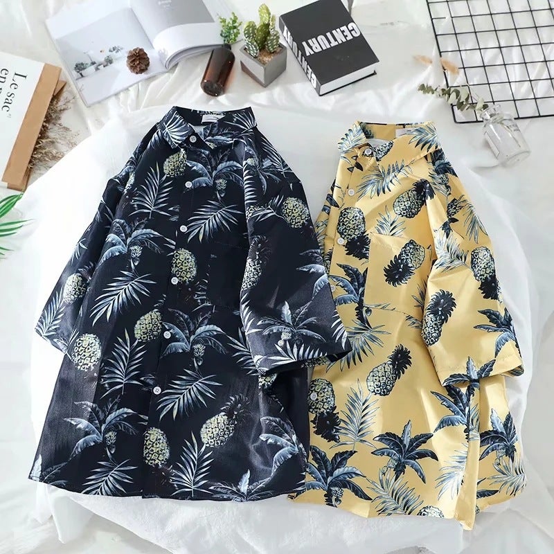 South Korea vintage leaves pineapple floral couple's short-sleeved shirt summer versatile men's and women's same Beach seaside shirt - Image 3