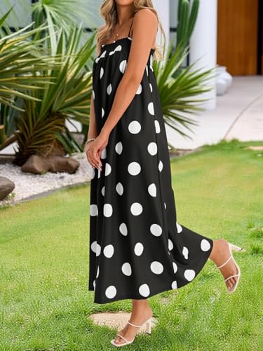 Wenrine Womens Summer Polka Dot Maxi Dress Casual Spaghetti Strap Smocked Loose Vacation Beach Dresses with Pockets - Image 4