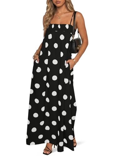 Wenrine Womens Summer Polka Dot Maxi Dress Casual Spaghetti Strap Smocked Loose Vacation Beach Dresses with Pockets - Image 1