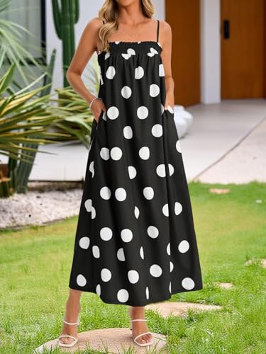 Wenrine Womens Summer Polka Dot Maxi Dress Casual Spaghetti Strap Smocked Loose Vacation Beach Dresses with Pockets - Image 2