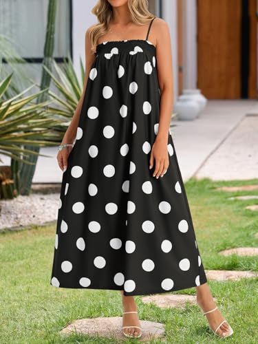 Wenrine Womens Summer Polka Dot Maxi Dress Casual Spaghetti Strap Smocked Loose Vacation Beach Dresses with Pockets - Image 5