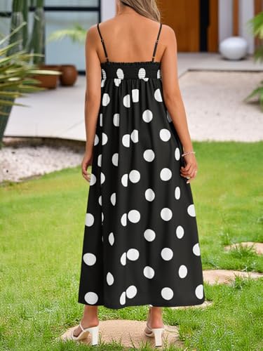 Wenrine Womens Summer Polka Dot Maxi Dress Casual Spaghetti Strap Smocked Loose Vacation Beach Dresses with Pockets - Image 3