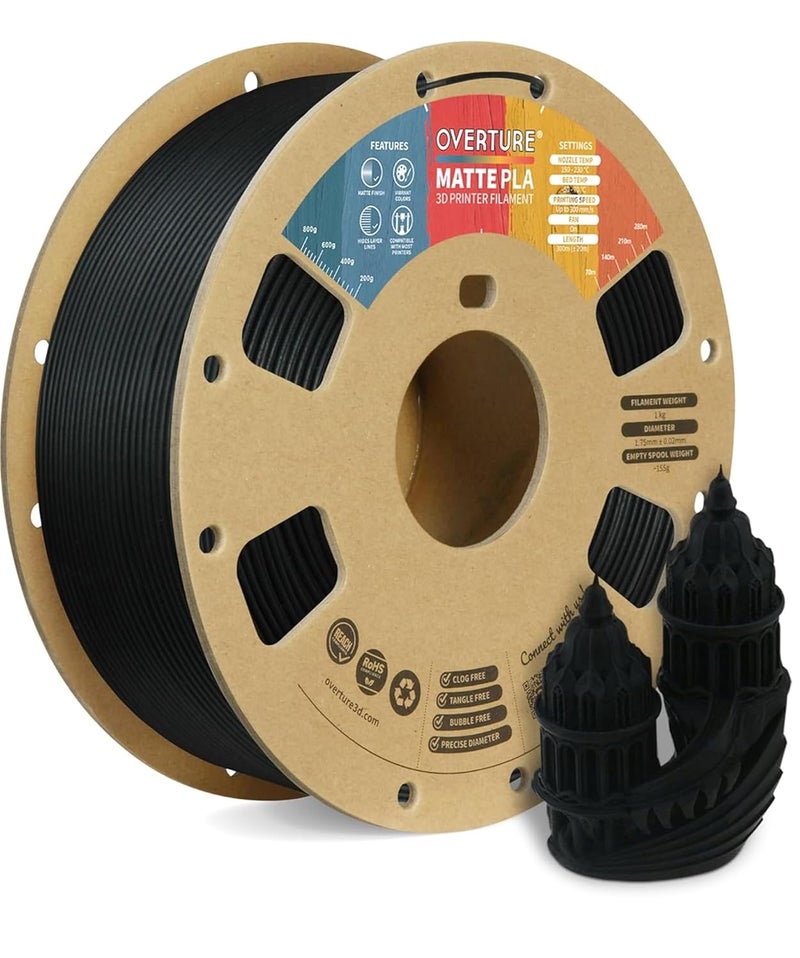 OVERTURE PLA Carbon Fiber 3D Printer Filament 1.75mm, PLA 1kg Cardboard Spool (2.2lbs), Dimensional Accuracy +/- 0.02 mm (Carbon Fiber Black) - Image 1