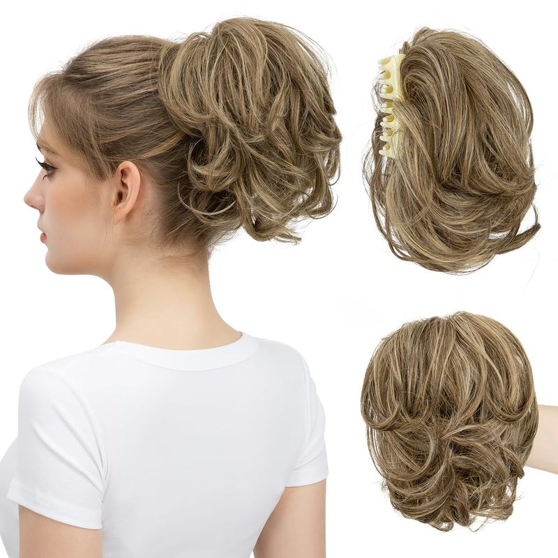 youngways Claw Clip Short Ponytail Messy Bun Hair Piece Bendable Hair Branch Extensions Fluffy Wavy Curly Synthetic Versatile Sandy Brunette Hairpieces