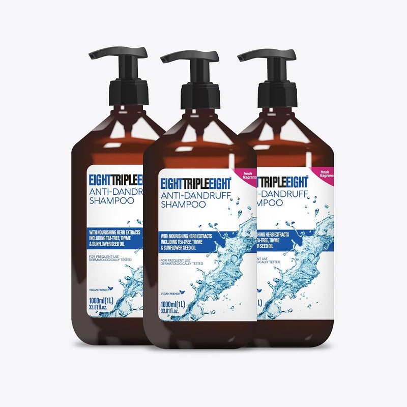 3x EightTripleEight AntiDandruff Shampoo With Nourishing Herb Extracts Including Teatree Thyme Sunflower Seed Oil 1 Litre